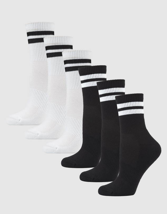 Pussyfoot - 6 Pack Unisex Striped Sport Quarter Crew Socks Bamboo Blend & Arch Support