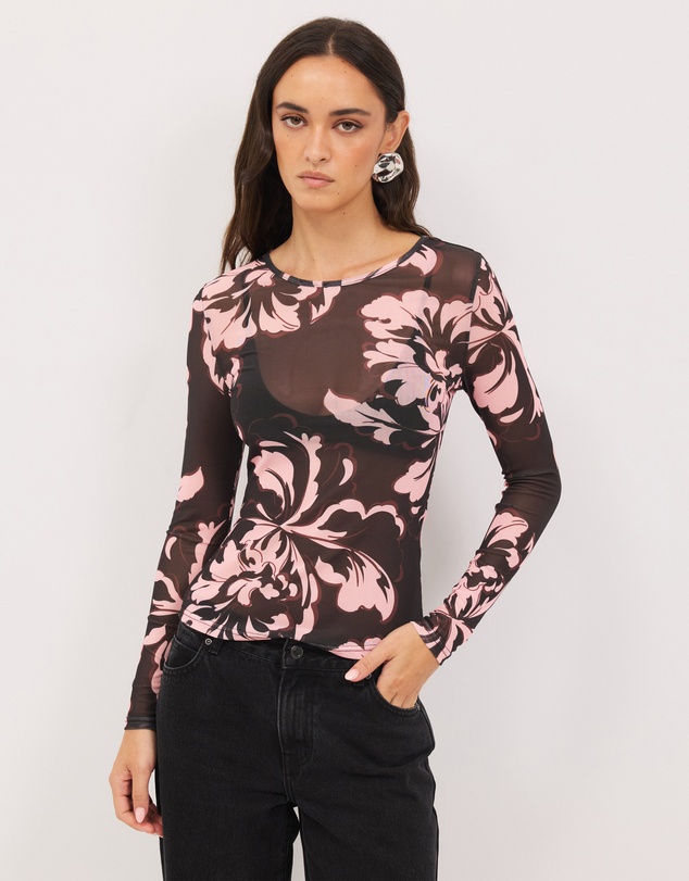 Calli - Luca Crew Neck Floral Mesh Top