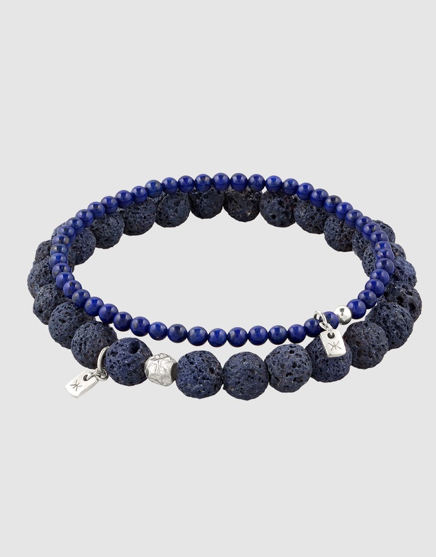 Kuzzoi - ICONIC EXCLUSIVE - Lapis Lazuli and Lava Bead Bracelet Set in 925 Silver