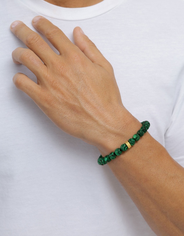 Kuzzoi - ICONIC EXCLUSIVE - Bracelet Male Beads Synthetic Malachite 925 Sterling Silver Gold Plated
