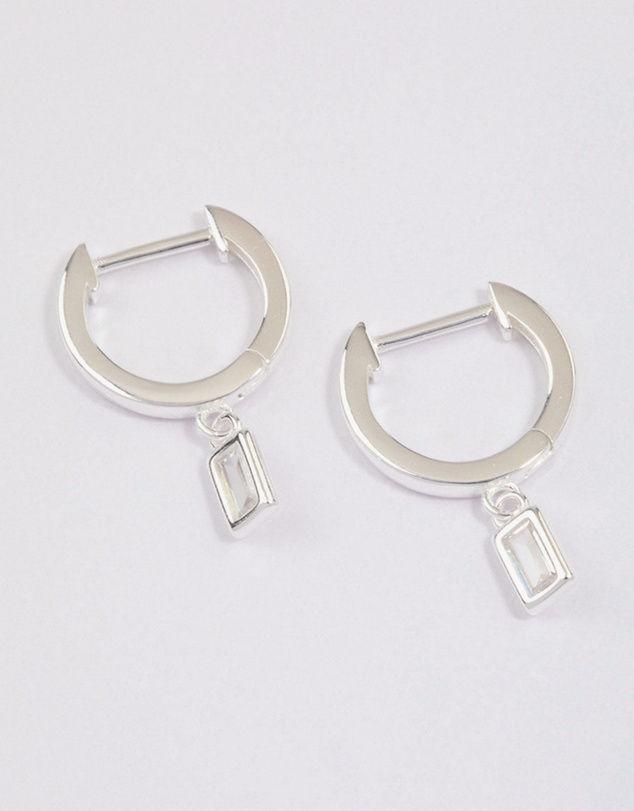Lovisa - Sterling Silver Cubic Zirconia Baguette Drop Huggie Earrings