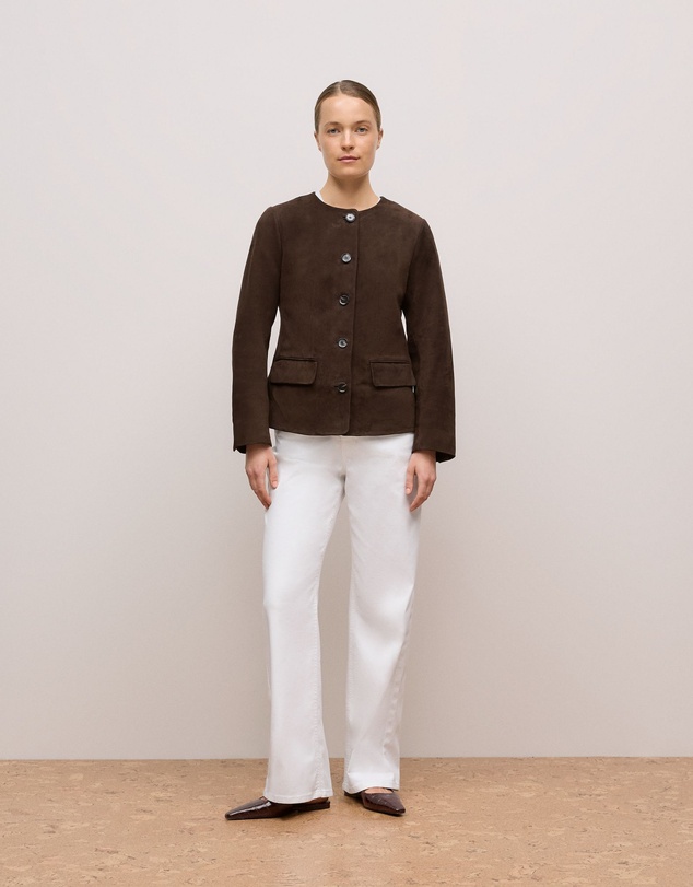 Trenery - Suede Collarless Jacket in Coffee Bean