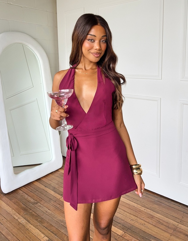 Beginning Boutique - Jazmene Burgundy Halter Neck Wrap Mini Dress