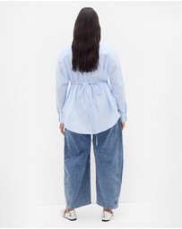 City Chic - Plus size Neck Tie Cotton Stripe Shirt - sky blue