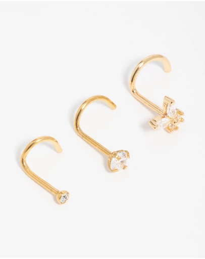 Lovisa - Gold Plated Surgical Steel Cubic Zirconia Butterfly Nose Piercings 3-Pack