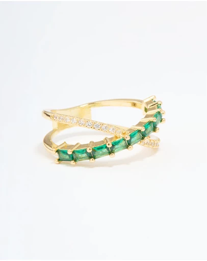 Lovisa - Gold Plated Green Cubic Zirconia Criss Cross Ring