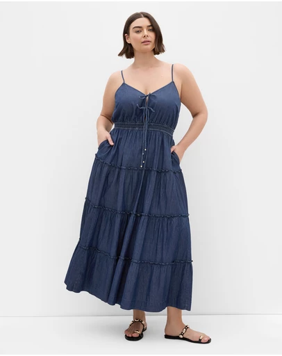 City Chic - Plus size Aiza Chambray Cotton Maxi Dress - dark wash