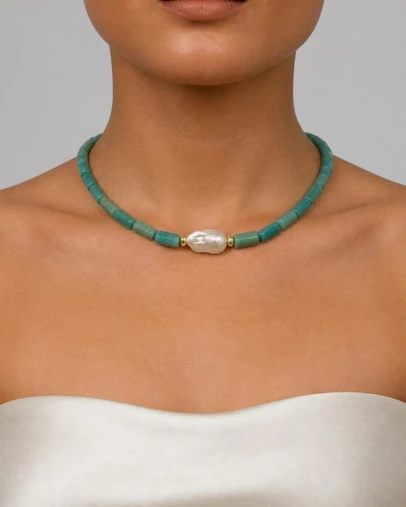 Izoa - Marguerite Baroque Pearl Gemstone Necklace Ocean
