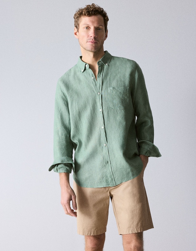 Trenery - Regular Fit Delave Linen Long Sleeve Shirt in Willow