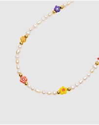 Nialaya Jewellery - Pearl Choker with Flower Beads