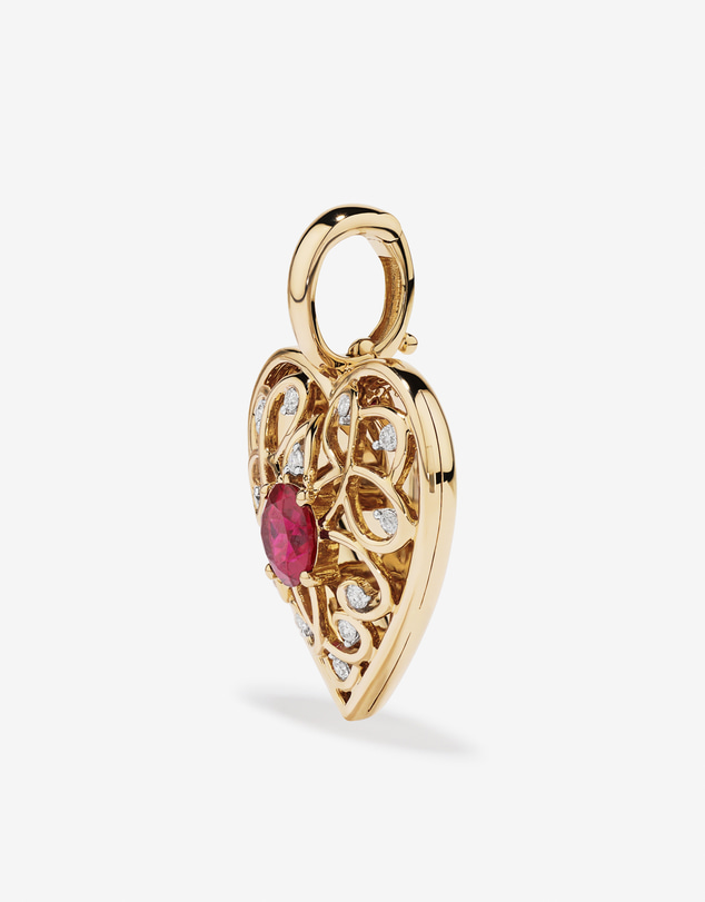 Michael Hill - Red Created Ruby Gemstone and Diamond Filigree Heart Enhancer Pendant in 10kt Yellow Gold