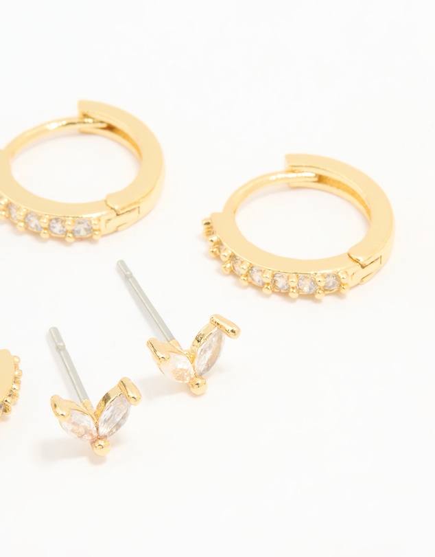 Lovisa - Gold Plated Brass Cubic Zirconia & Plain Rectangle Earrings 4-Pack