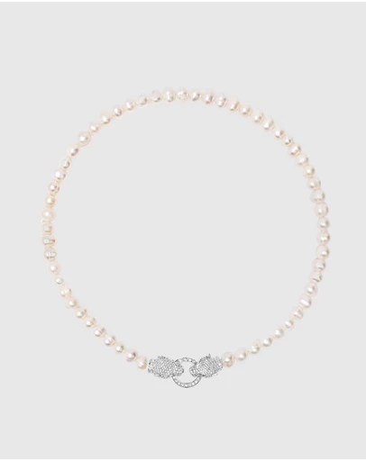 Nialaya Jewellery - Women's Pearl Choker with Silver Double Panther Head