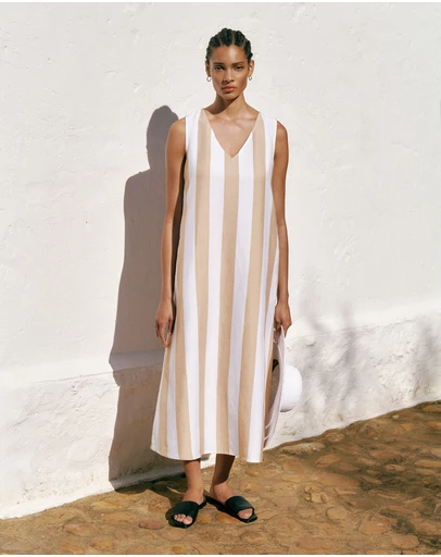 Trenery - Cabana Stripe V Neck Sleeveless Dress in Sand