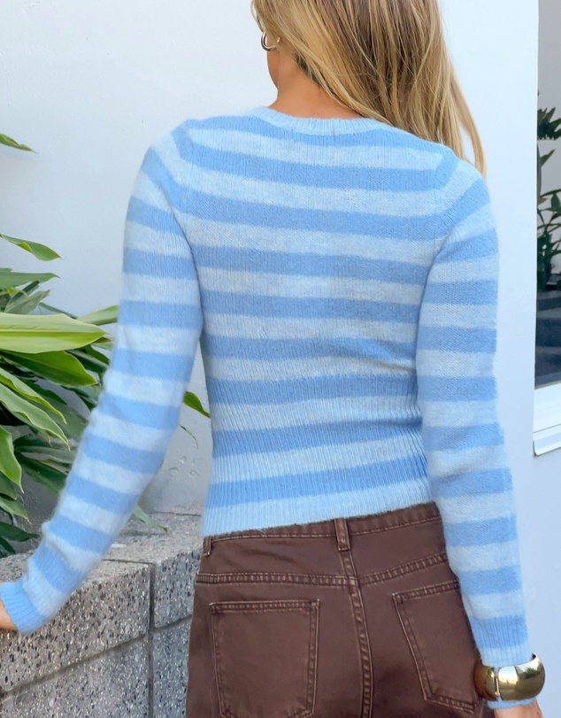 Beginning Boutique - Dori Blue Zip Stripe Knit Sweater