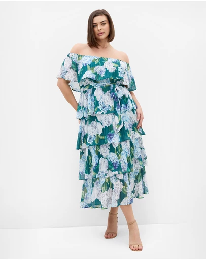City Chic - Plus size Night Garden Print Tier Midi Dress - jade