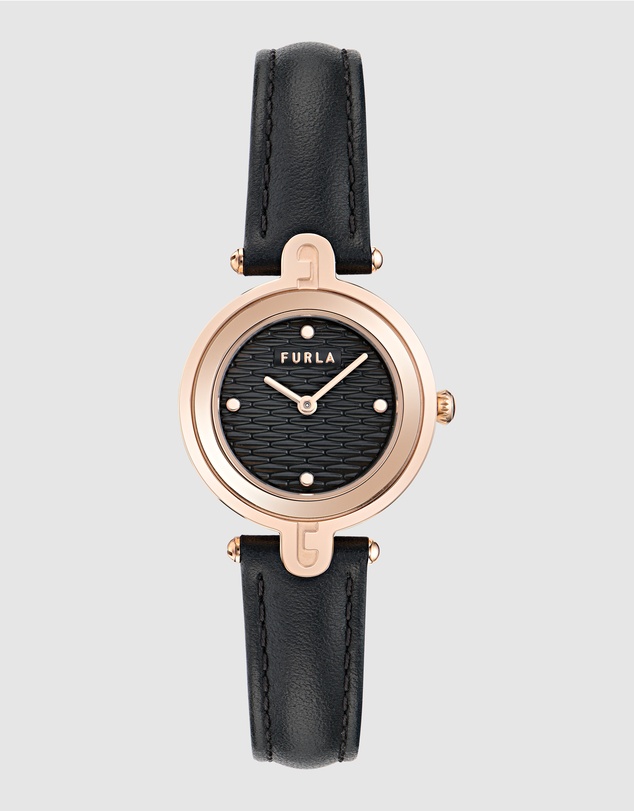 Furla - Arch-Bar Rose Gold-Tone Black Leather Strap Watch