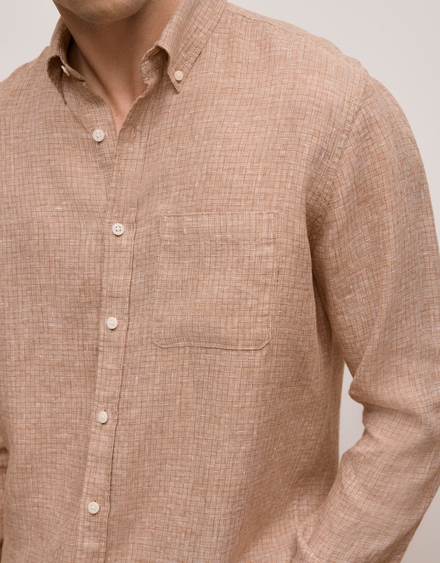 Trenery - Regular Fit Yarn Dyed Linen Grid Shirt in Camel