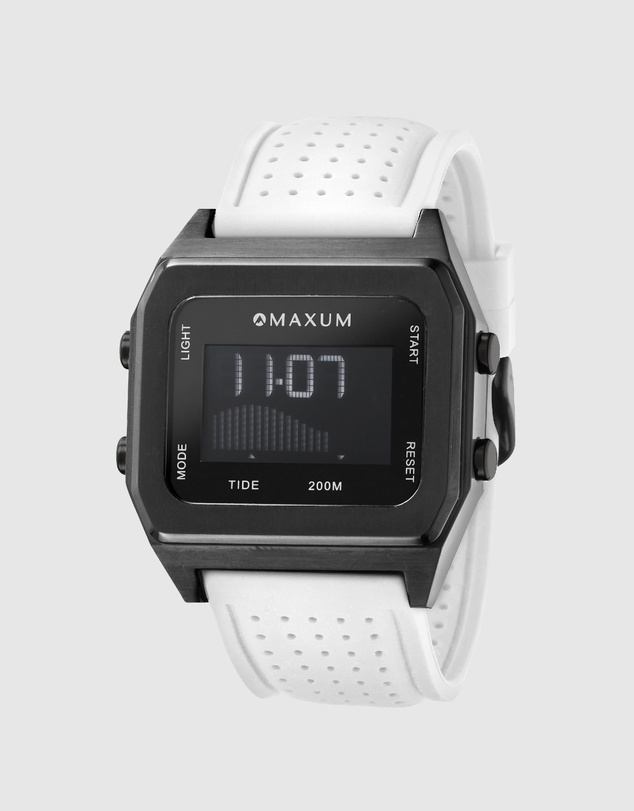 Maxum - Raglan Tide Watch – Black Case, Black Dial & White Silicone Strap