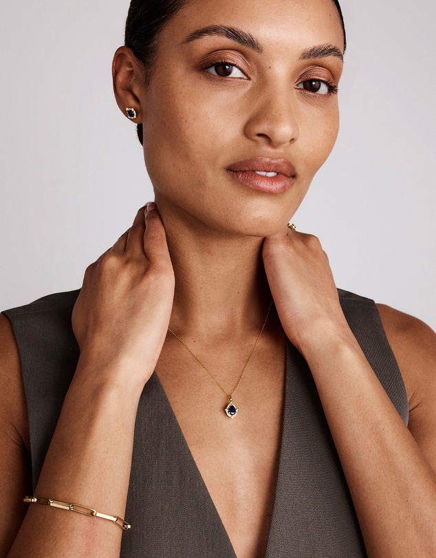 Michael Hill - Pear Cut Created Sapphire and Diamond Halo Pendant Necklace in 10kt Yellow Gold