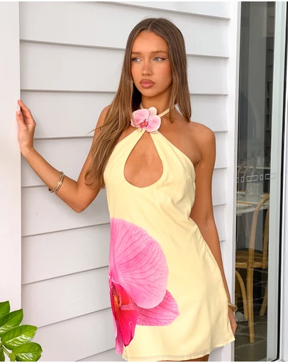 Beginning Boutique - Delilah Yellow Orchid Print Halter Mini Dress