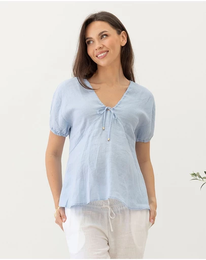Angel Maternity - Brigitte Maternity Linen Blouse Top - Baby Blue