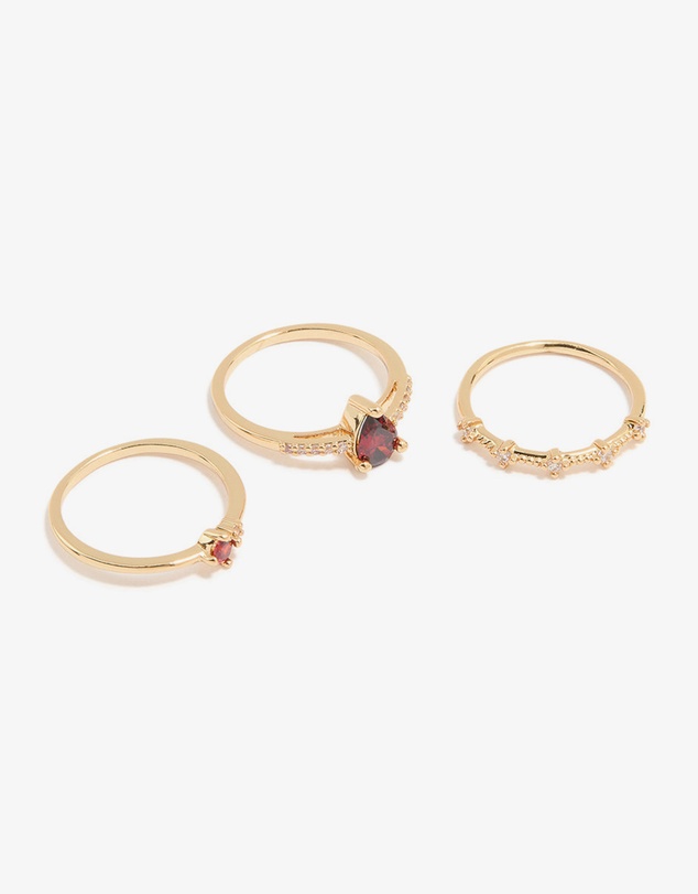 Lovisa - Gold Plated Red Cubic Zirconia Elegant Pear Stacking Rings 3-Pack