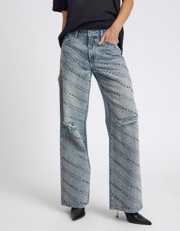 ONE TEASPOON - 25th Anniversary Limited Edition Jackson Mid Waist Wide Leg Studded Denim Jeans - Salty Dog