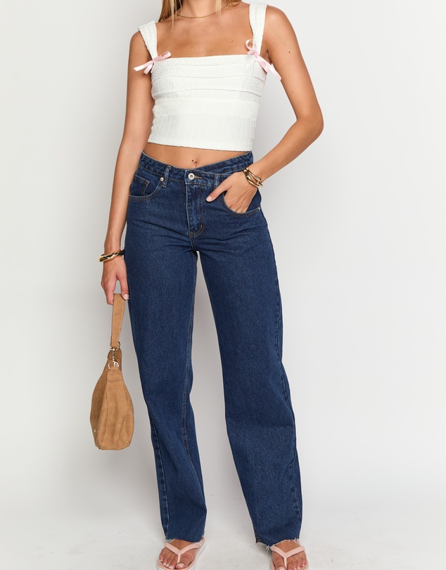 Beginning Boutique - Kansis Dark Blue Uneven Waist Jeans