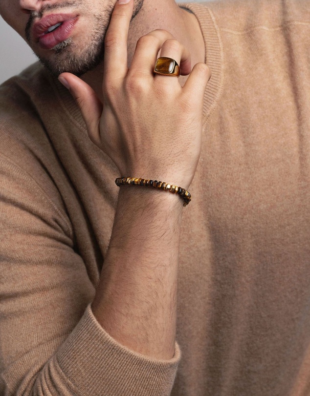 Nialaya Jewellery - Men's Hexagon Beaded Bracelet with Tiger Eye and Gold