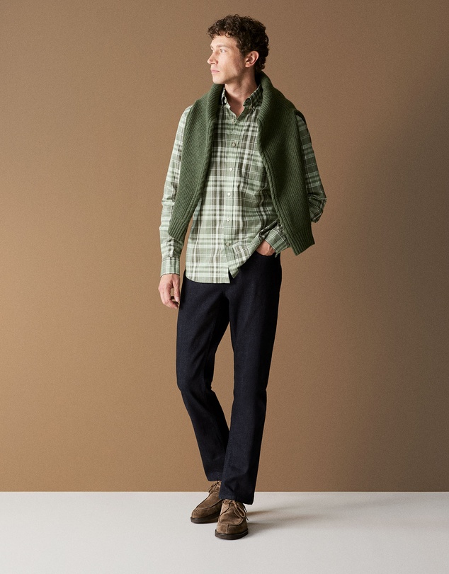 Trenery - Regular Fit Supima Cotton Tonal Check Shirt in True Olive