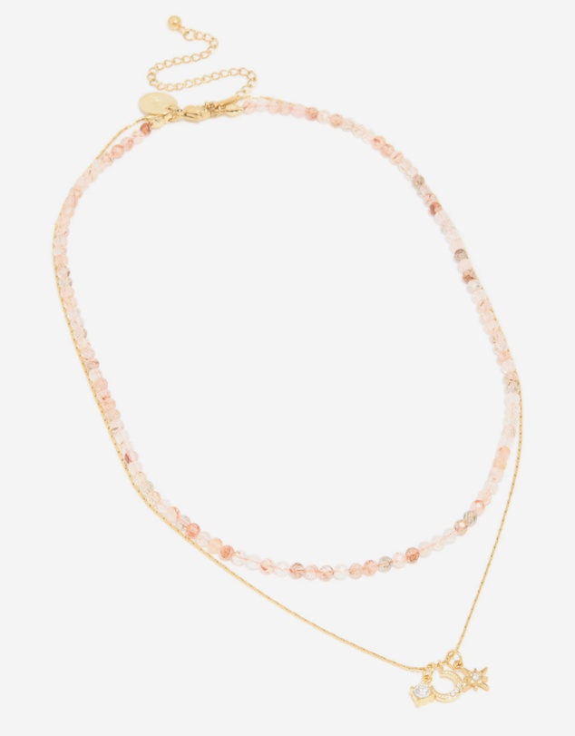 Lovisa - Waterproof Gold Plated Stainless Steel Rose Quartz Semi Precious Stone & Celestial Layered Necklace