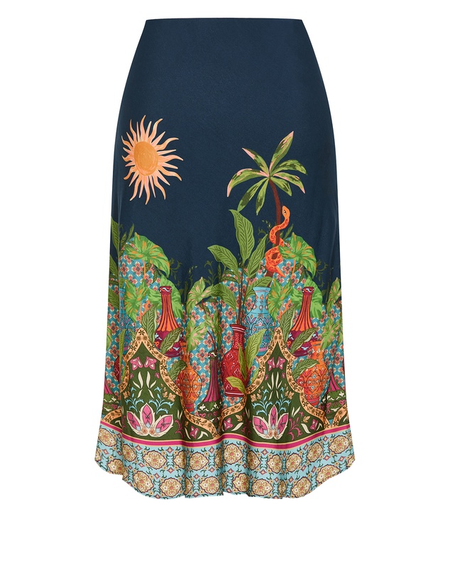 City Chic - Plus size Fools Paradise Print Midi Skirt - alpine navy
