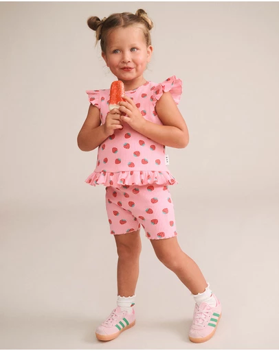 Huxbaby - Strawberry Print Rib Peplum Tee - Babies-Kids