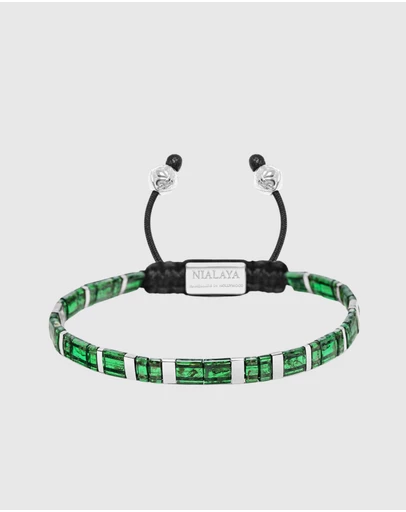 Nialaya Jewellery - Men's Bracelet with Marbled Green and Silver Miyuki Tila Beads