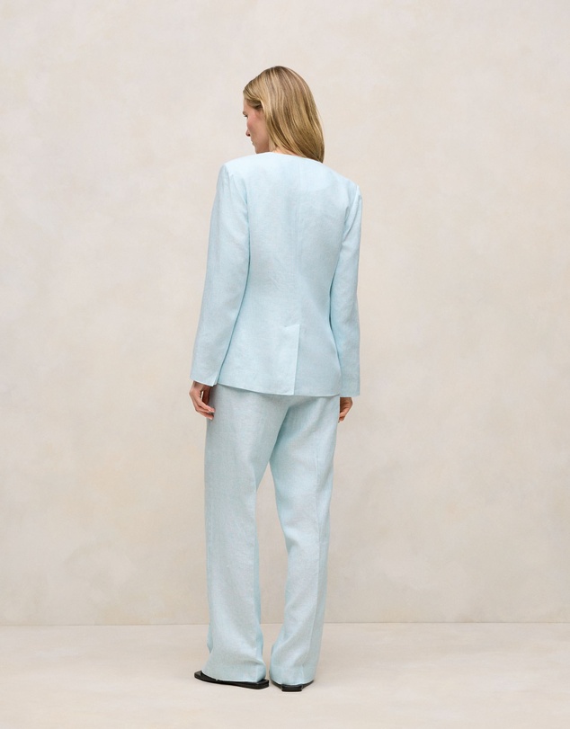 Trenery - Linen Collarless V Neck Blazer in Pastel Blue
