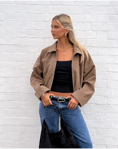 Beginning Boutique - River Brown Suedette Bubble Hem Bomber Jacket