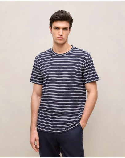 Trenery - Cotton Linen Double Stripe T-shirt in Navy