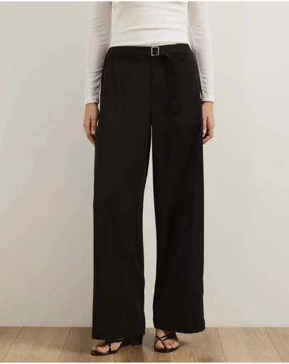 Atmos&Here - Nell Mid Rise Wide Leg Pants with Fabric Belt