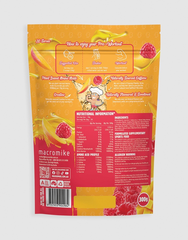 Macro Mike - Raspberry Mango Tango Pre Workout - 300g