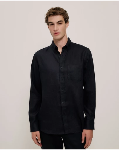 Trenery - Regular Fit Linen Classic Long Sleeve Shirt in Black