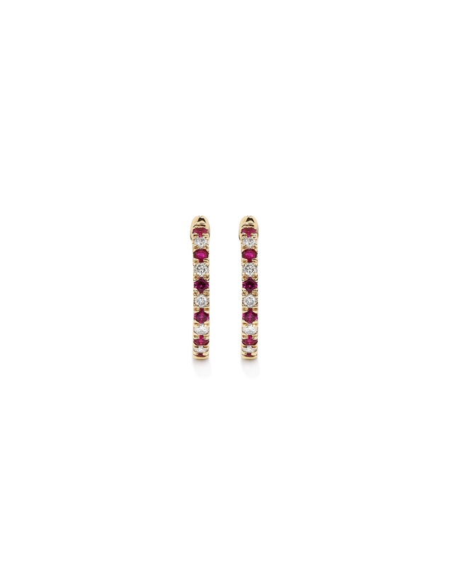 Michael Hill - 0.22 Carat TW Diamond and Created Ruby Huggie Hoop Earrings in 10kt Yellow Gold