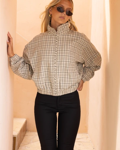 Beginning Boutique - Lee Beige Plaid Funnel Neck Jacket