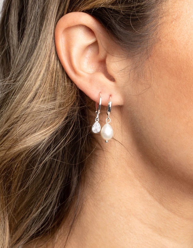 Lovisa - Silver Diamante & Freshwater Pearl Huggie Hoop Earrings