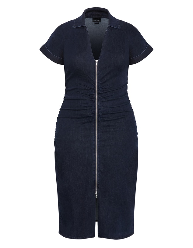 City Chic - Plus size Ruby Denim Zip Front Dress - dark wash