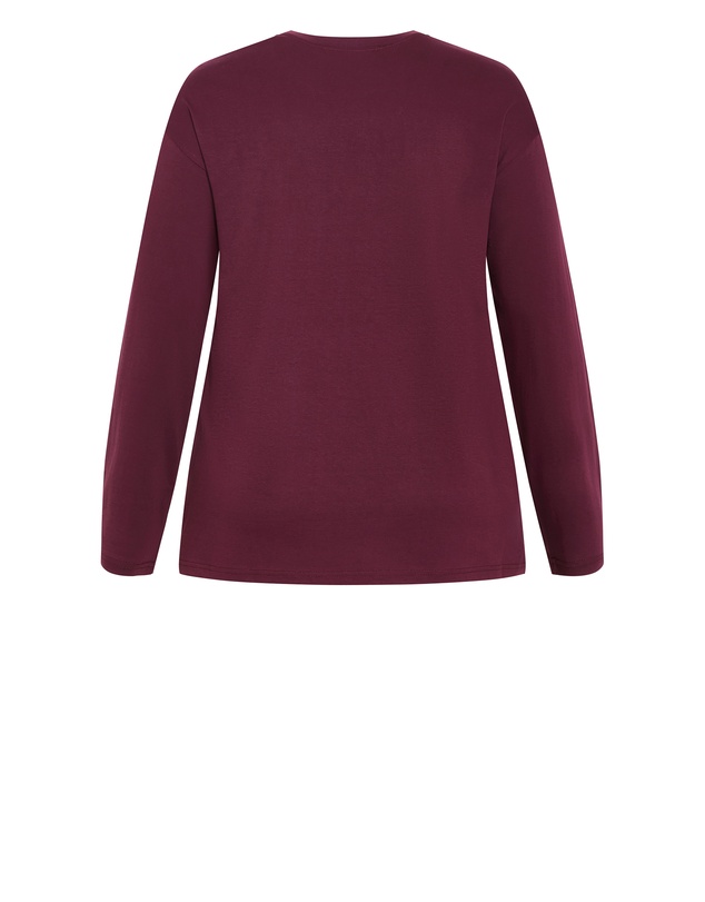 City Chic - Plus size Oversized Amsterdam Long Sleeve Cotton Tee - dark cherry