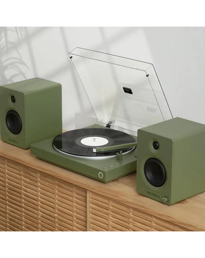 Victrola - Victrola Automatic Turntable + Victrola Tempo Bookshelf Speakers Bundle - Green