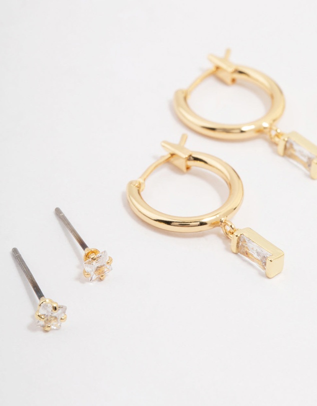 Lovisa - Gold Plated Brass Cubic Zirconia Baguette Hoop Earring 3-Pack