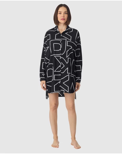 DKNY - Cotton & Viscose Long Sleeve Short Button-Up Nightgown