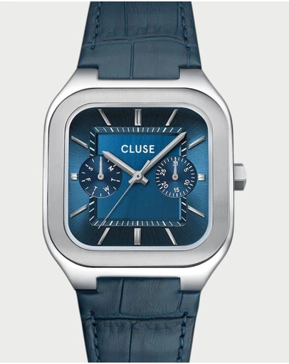 Cluse - CLUSE Quadrus Multi, Leather, Blue, Silver Colour